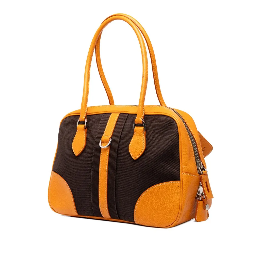Prada Leather Trimmed Canvas Canapa Bauletto Bag Brown Canvas Good - Back View
