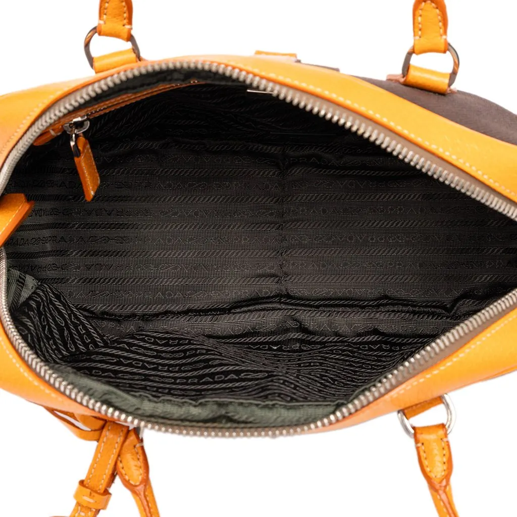 Prada Leather Trimmed Canvas Canapa Bauletto Bag Brown Canvas Good - Model View