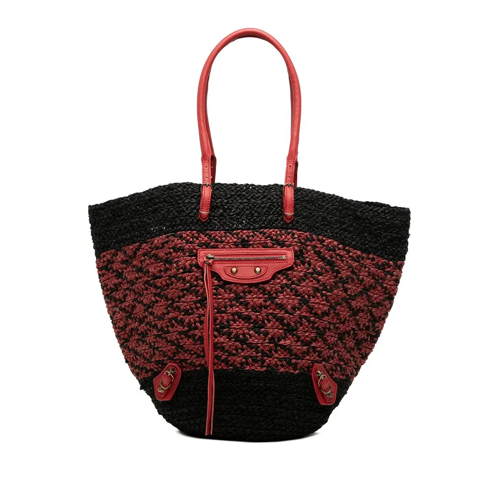 Balenciaga Raffia Motocross Classic Panier Basket Tote Red Very good - Front View