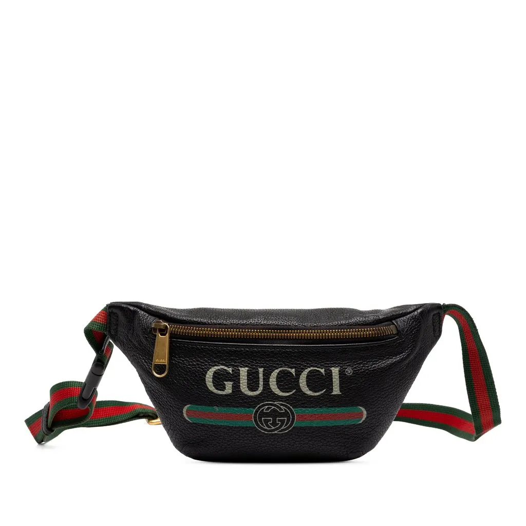 Gucci Small Grained Calfskin Web Logo Belt Bag Black Leather Very good - Front View