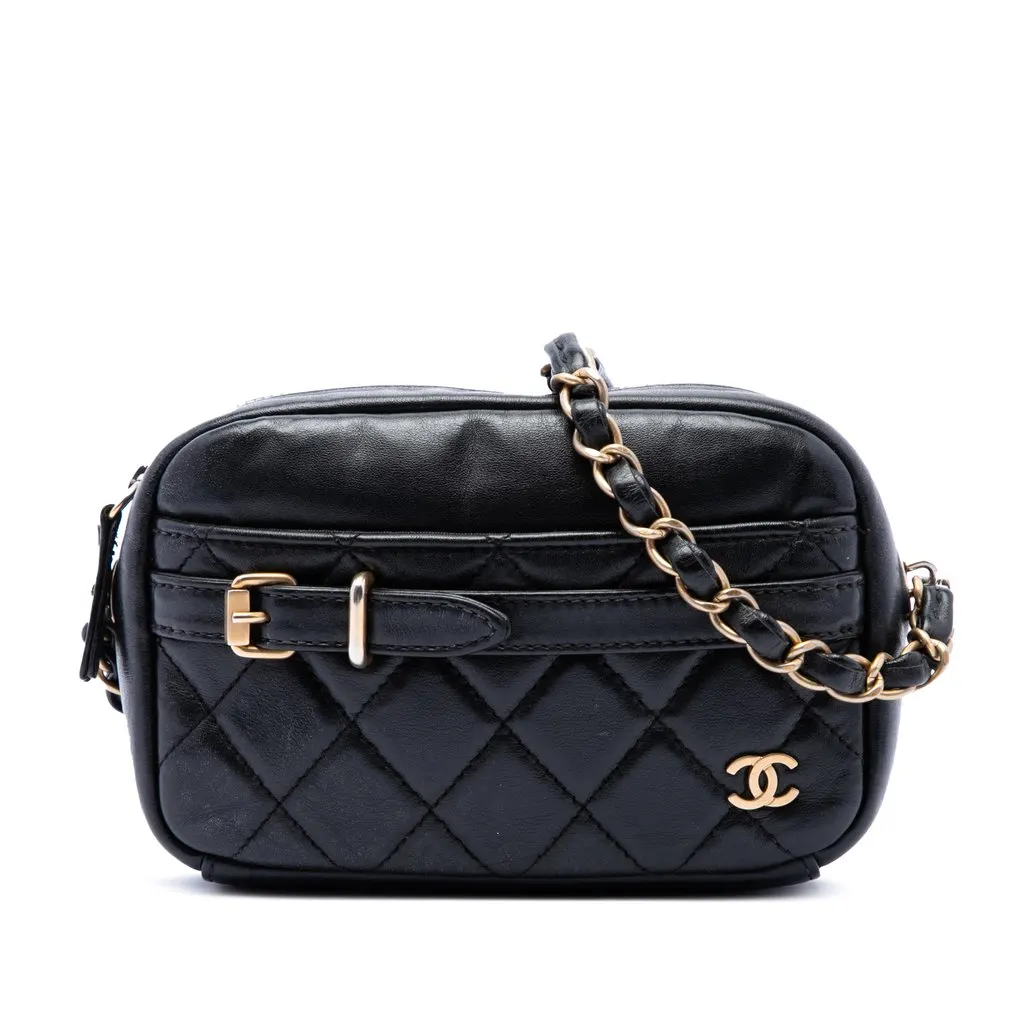 Chanel Small Quilted Lambskin Buckle Camera Bag Black Leather Very good - Front View