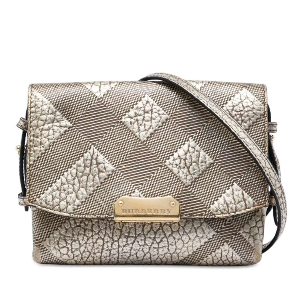 Burberry Embossed Grain Check Leather Langley Crossbody Gold Leather Very good - Front View