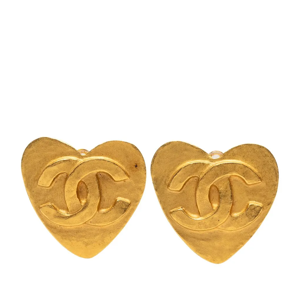 Chanel CC Gold Plated Heart Clip On Earrings Gold Metal Very good - Front View