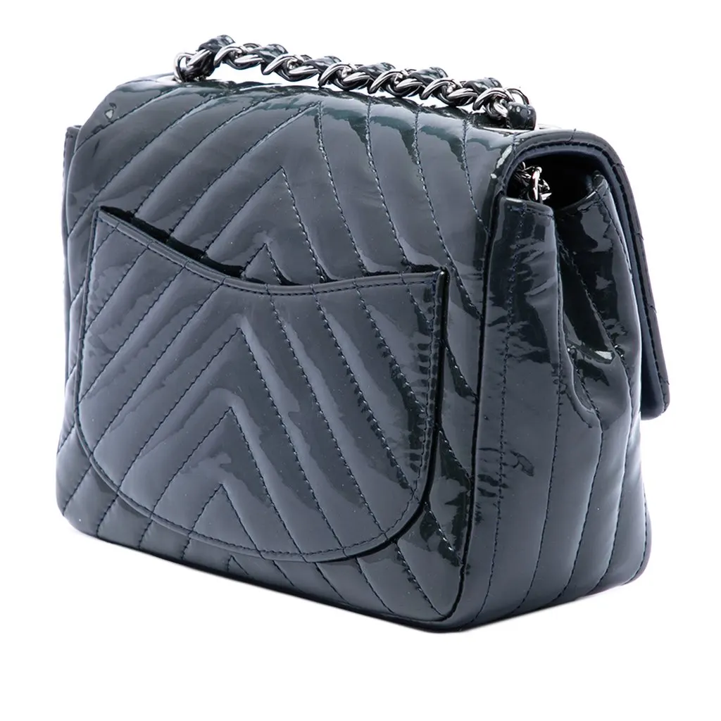 Chanel Mini Square Classic Chevron Patent Single Flap Blue Leather Very good - Back View