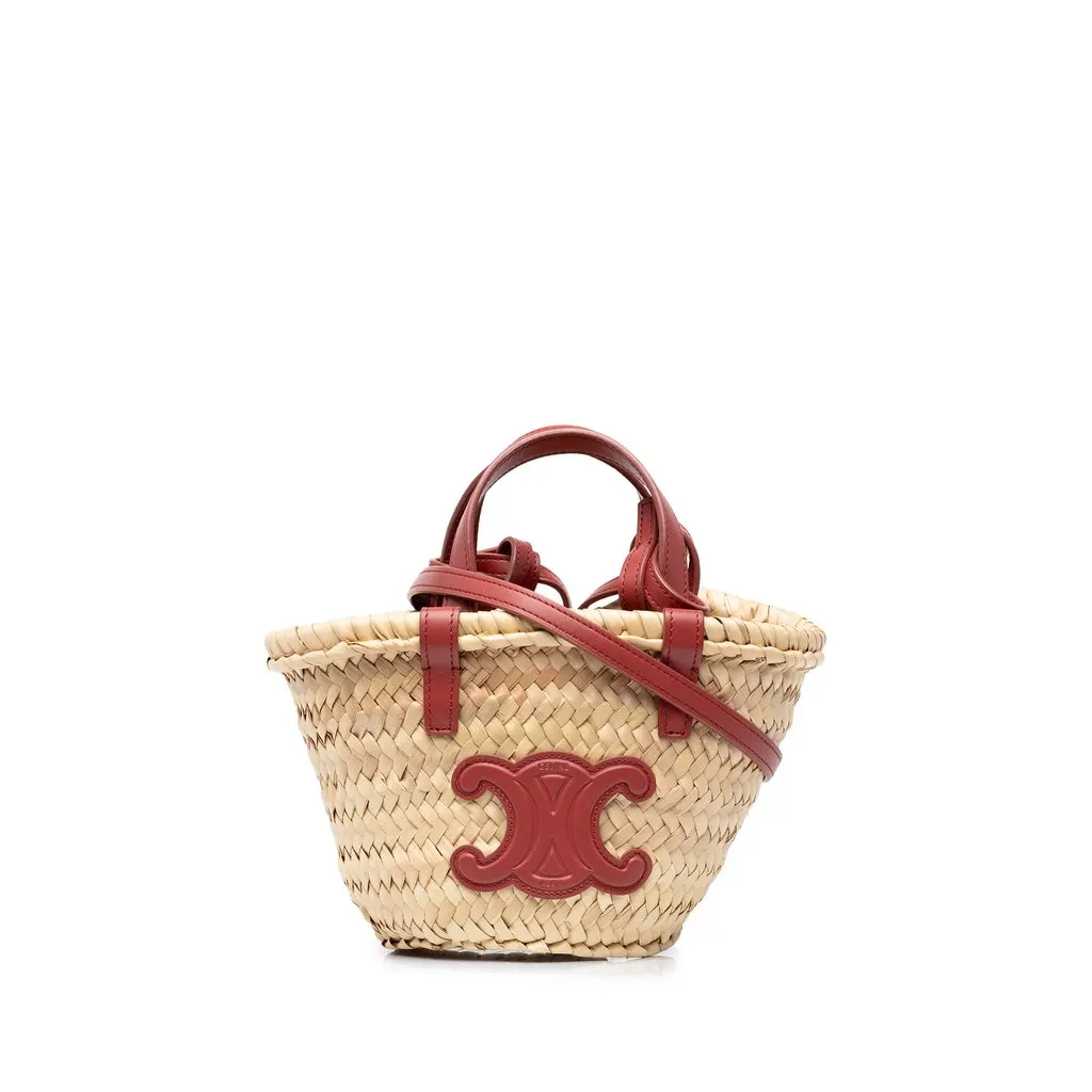 Celine Nano Raffia Cuir Triomphe Classic Panier Tote Beige Rattan Good - Front View