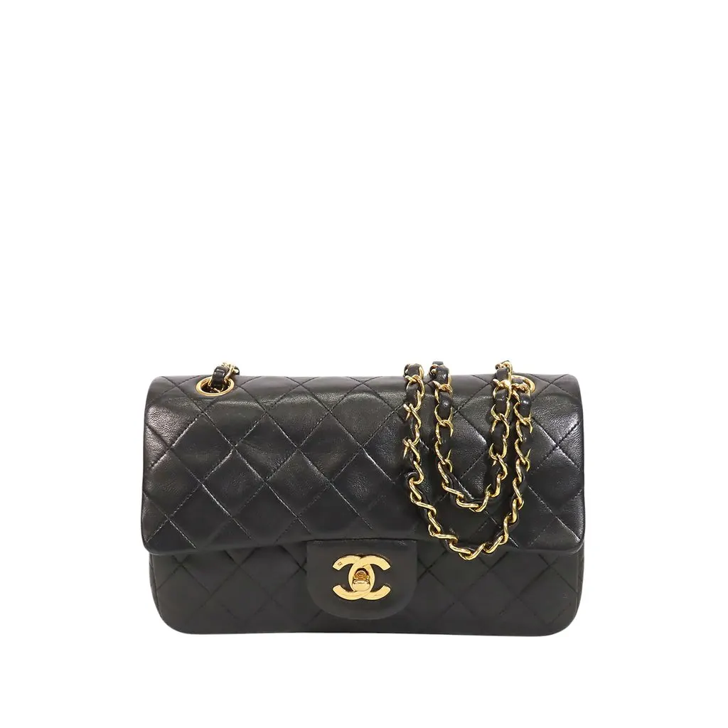 Chanel Small Classic Lambskin Double Flap Black Leather Very good - Front View