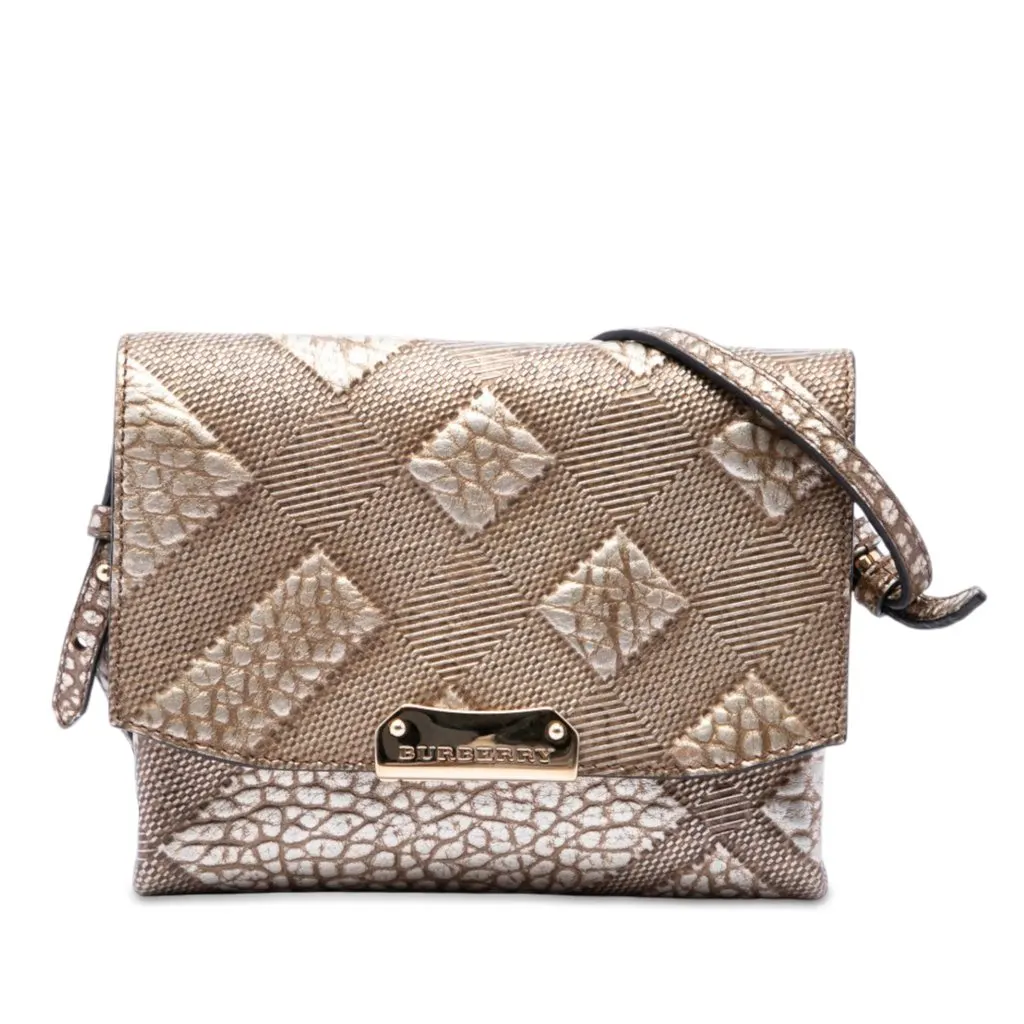 Burberry Embossed Grain Check Leather Langley Crossbody Gold Leather Very good - Front View