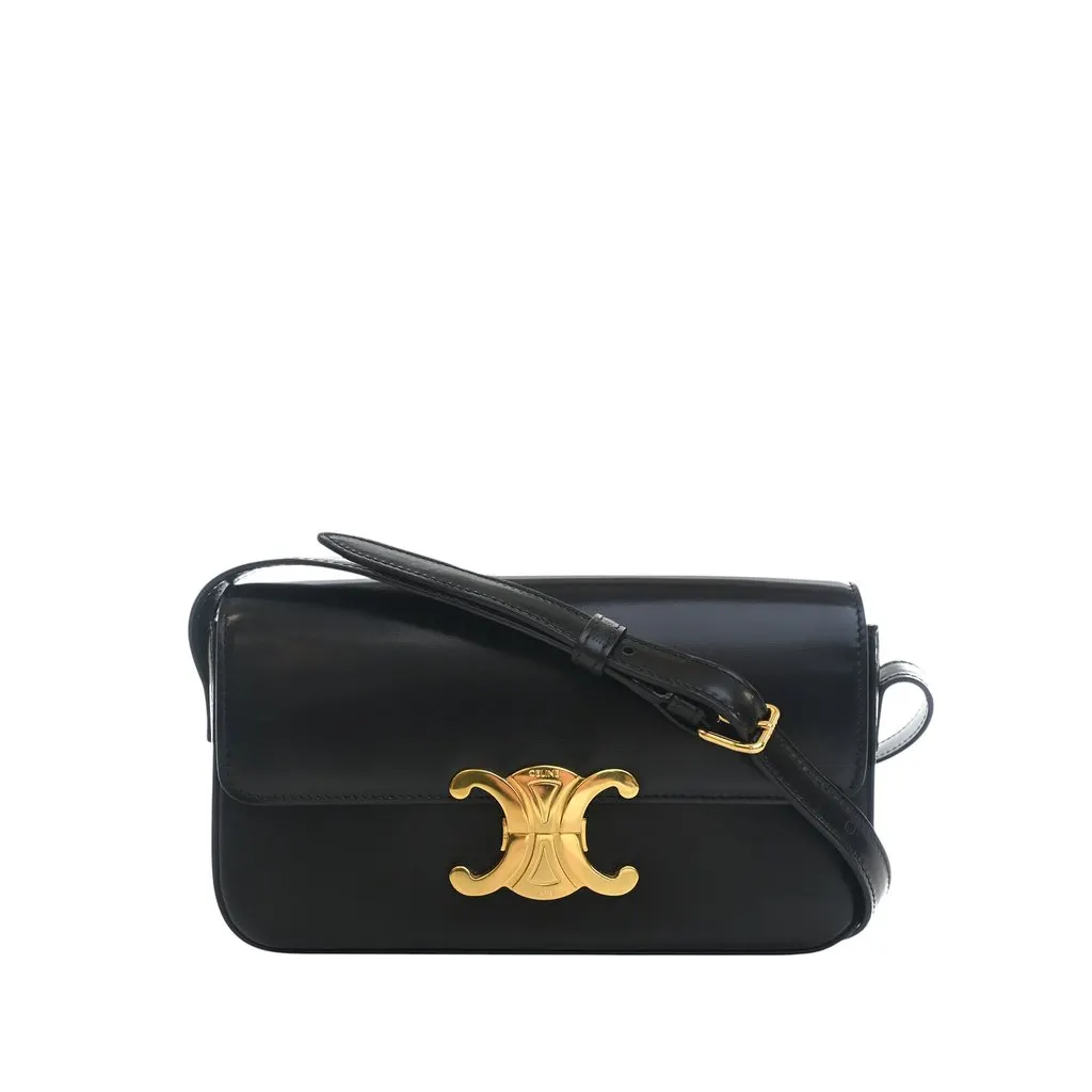Celine Shiny Calfskin Triomphe Claude Shoulder Bag Black Leather Very good - Front View
