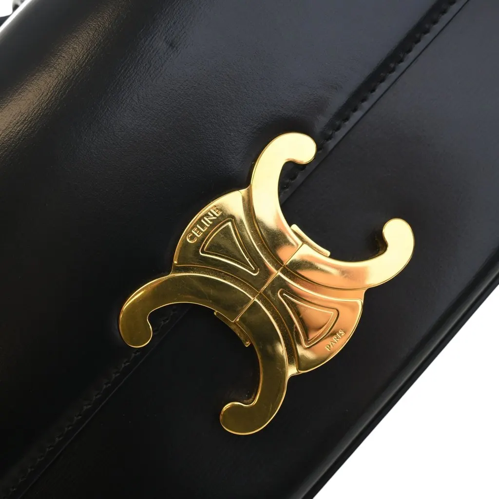 Celine Shiny Calfskin Triomphe Claude Shoulder Bag Black Leather Very good - Box View