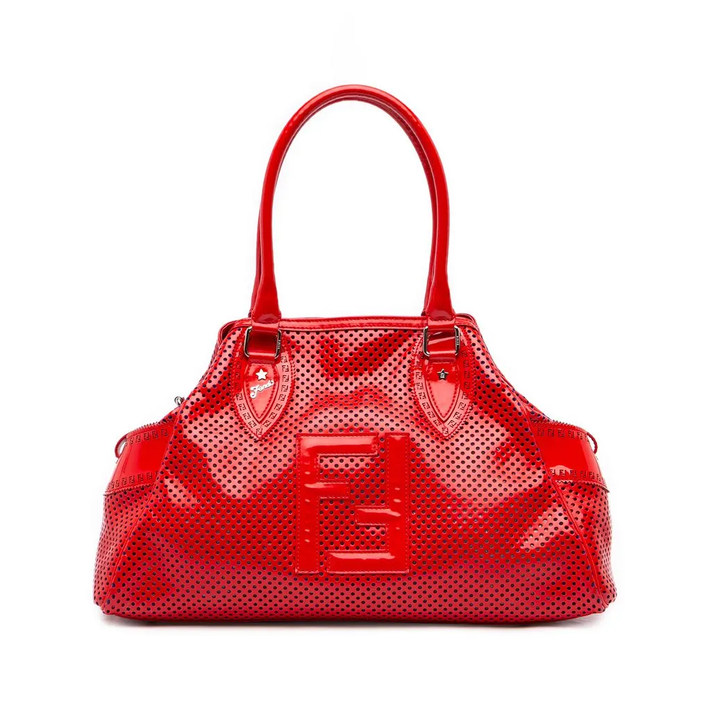 Fendi Perforated Patent Etniko Du Jour Handbag Red Leather Very good - Front View