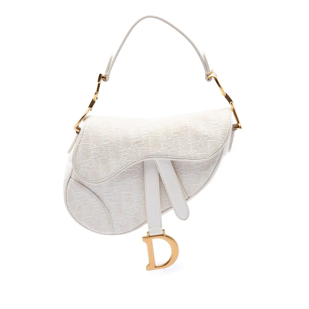 Dior Mini Oblique Embroidered Canvas Saddle Bag White Very good - Front View