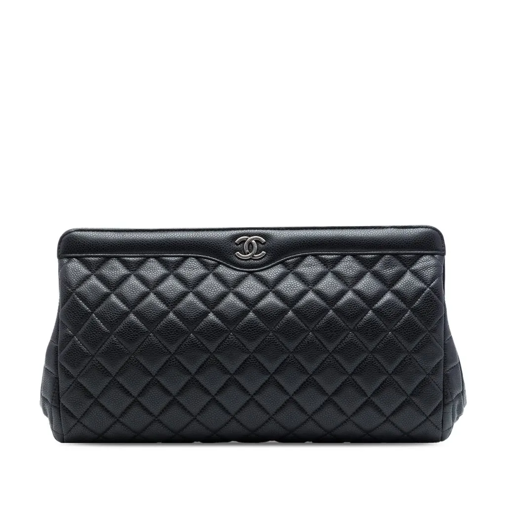 Chanel Large CC Quilted Caviar Frame Clutch Black Leather Very good - Front View