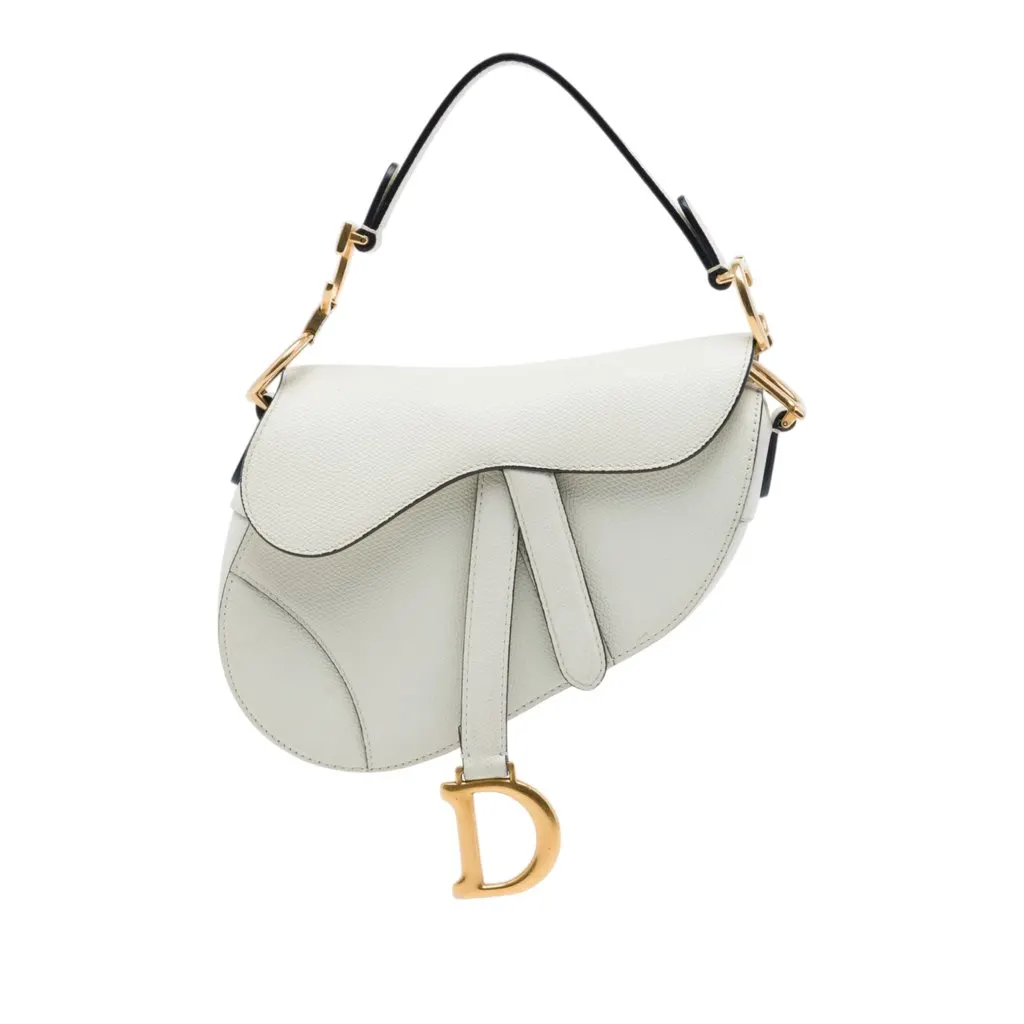 Dior Mini Grained Calfskin Saddle Bag White Leather Very good - Front View