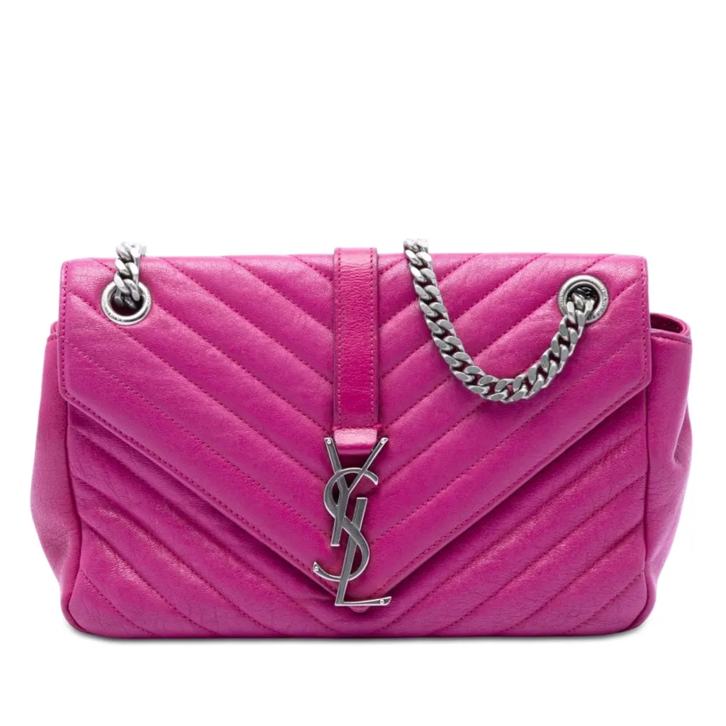 Saint Laurent Medium Chevron Sheepskin Monogram College Shoulder Bag Pink Leather Very good - Front View