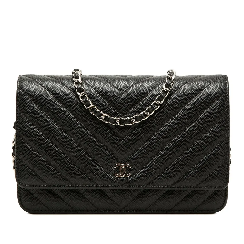 Chanel CC Chevron Caviar Wallet On Chain Black Leather Very good - Front View