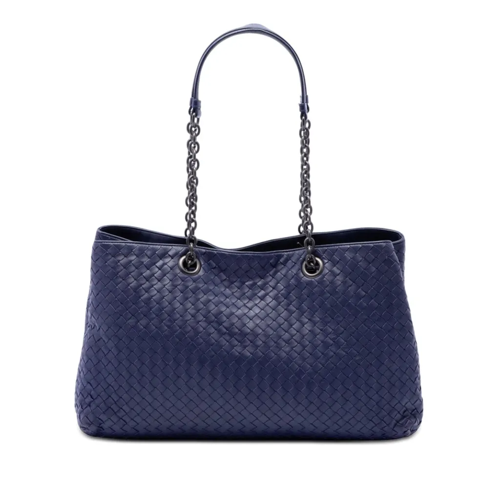 Bottega Veneta Large Nappa Intrecciato Double Chain Tote Blue Leather Very good - Front View