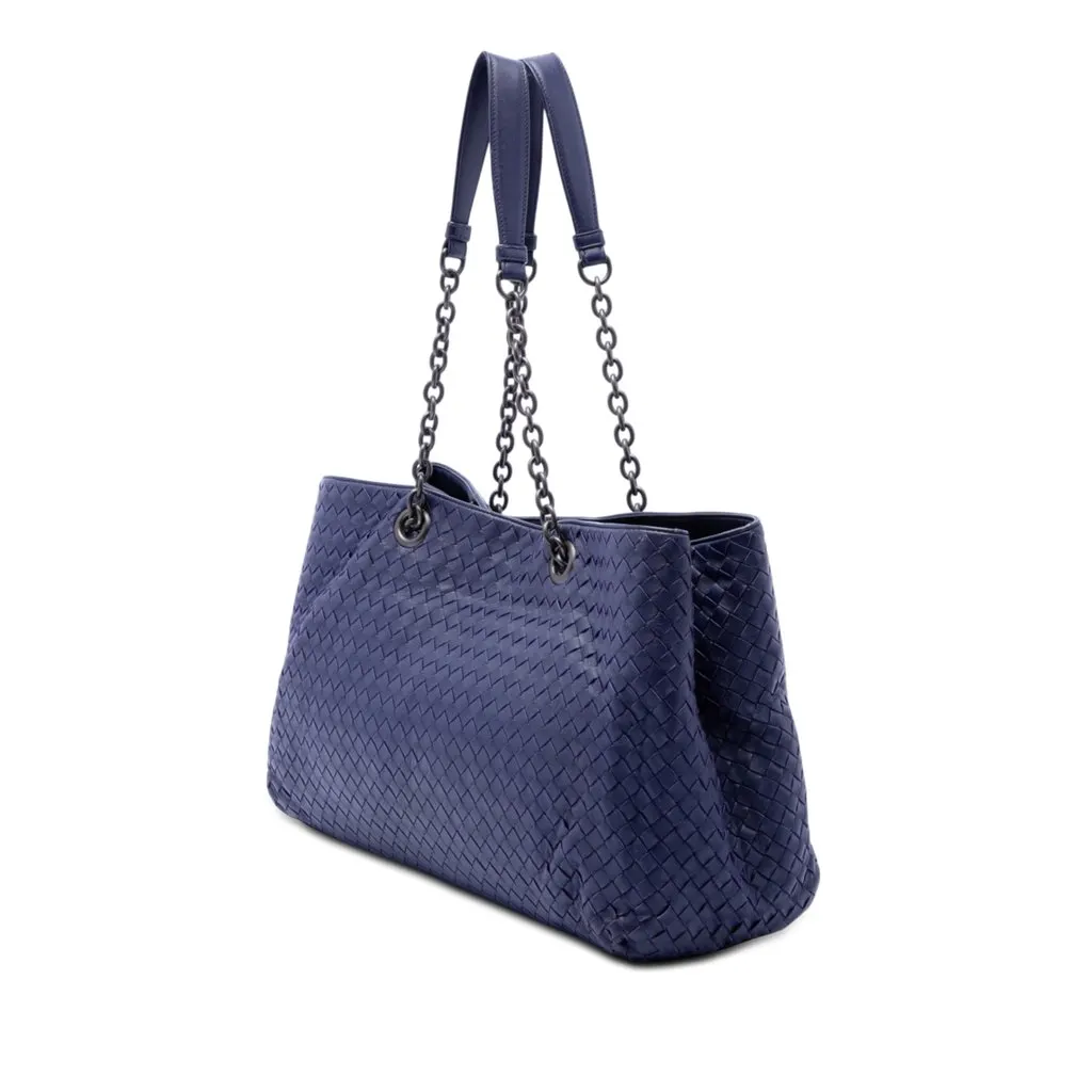 Bottega Veneta Large Nappa Intrecciato Double Chain Tote Blue Leather Very good - Back View