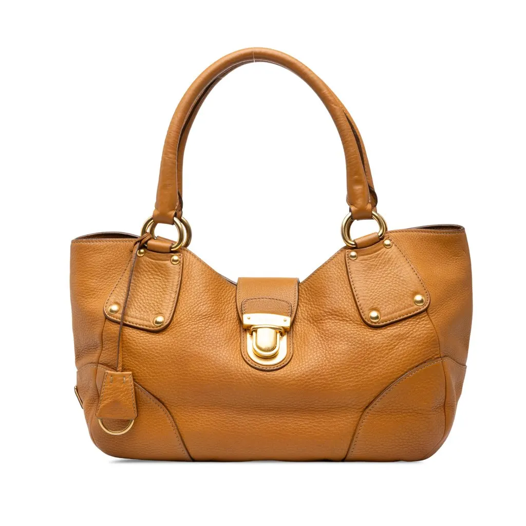 Prada Vitello Daino Push Lock Tote Brown Leather Good - Front View