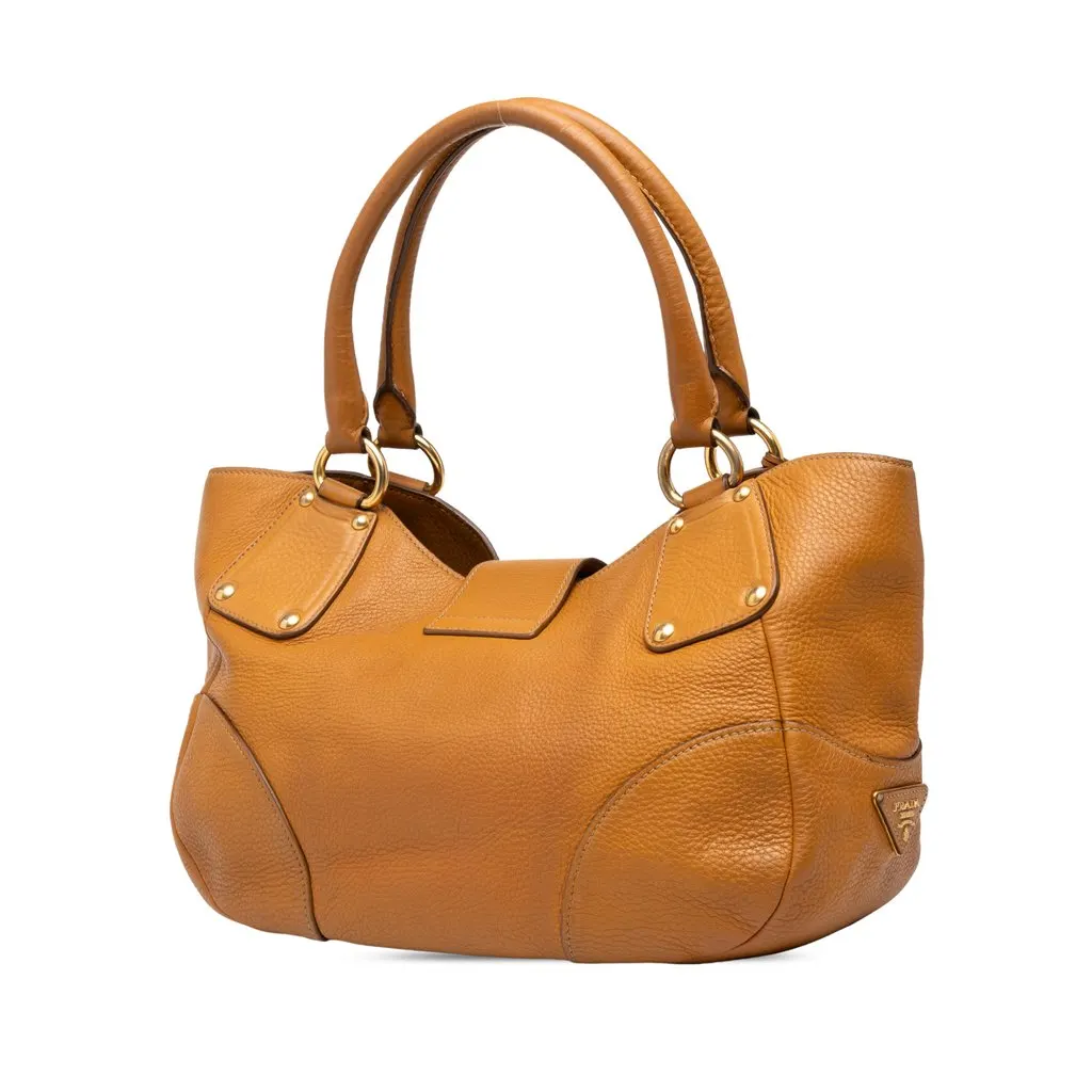 Prada Vitello Daino Push Lock Tote Brown Leather Good - Back View