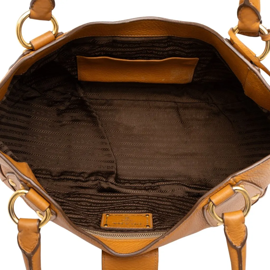 Prada Vitello Daino Push Lock Tote Brown Leather Good - Model View
