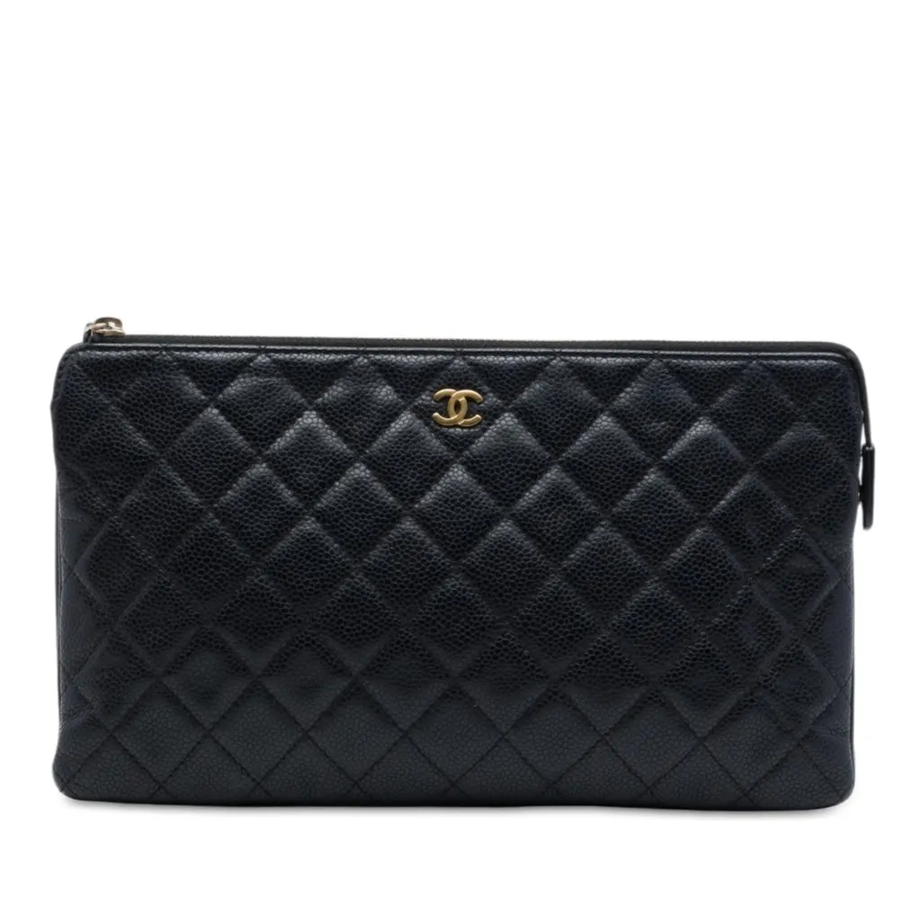 Chanel Large Quilted Caviar Zipped Clutch Black Leather Very good - Front View
