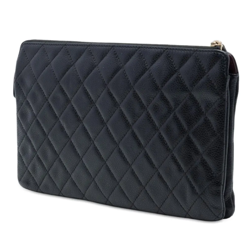 Chanel Large Quilted Caviar Zipped Clutch Black Leather Very good - Back View