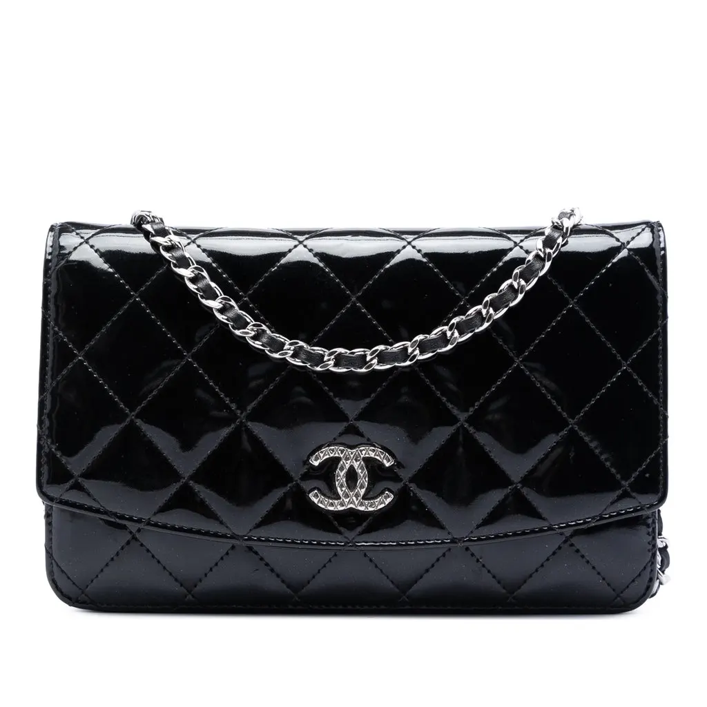 Chanel CC Quilted Patent Brilliant Wallet On Chain Black Leather Very good - Front View