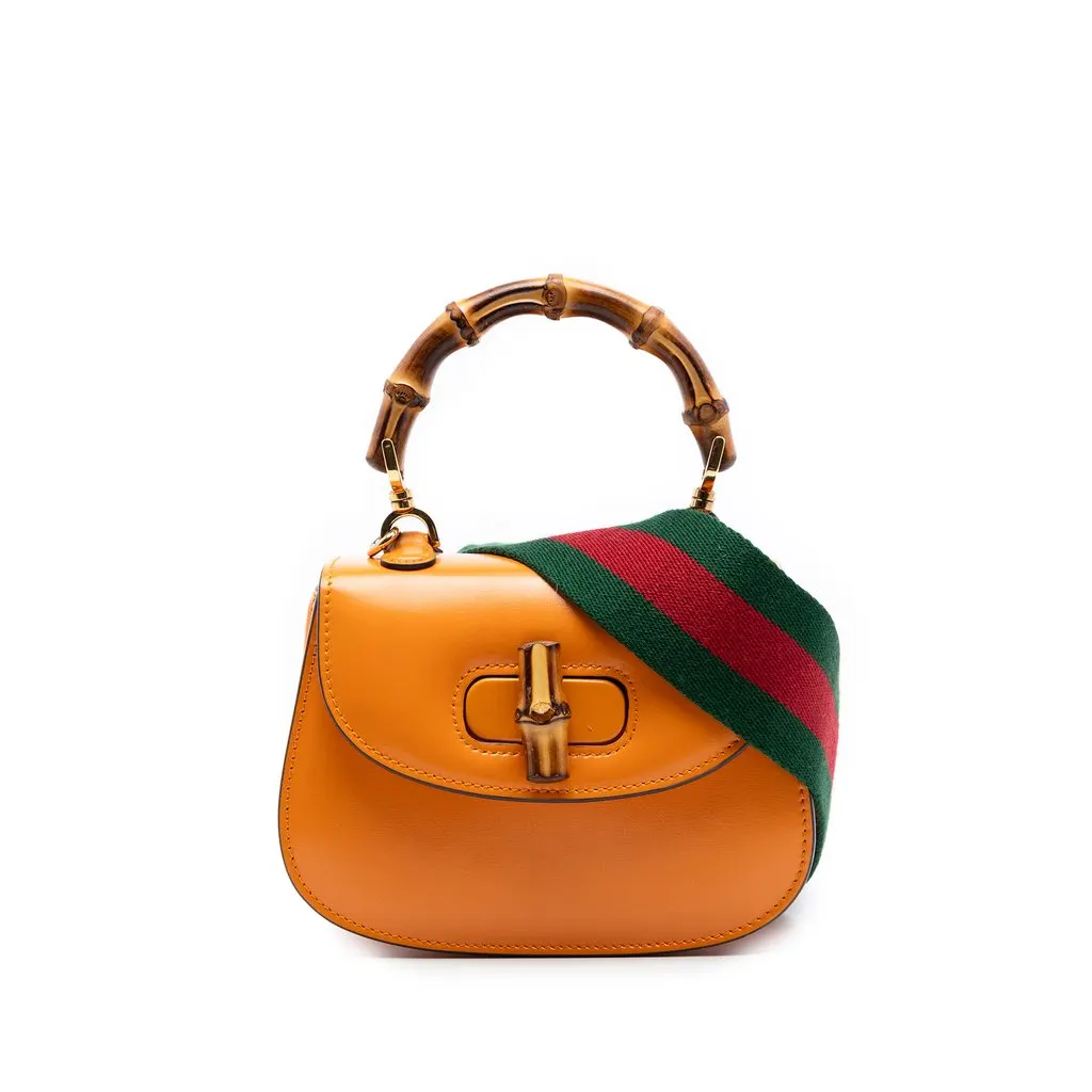 Gucci Mini Calfskin Web 1947 Bamboo Top Handle Bag Orange Leather Very good - Front View