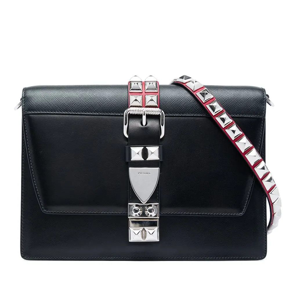 Prada City Calf and Saffiano Studded Elektra Crossbody Black Leather Very good - Front View