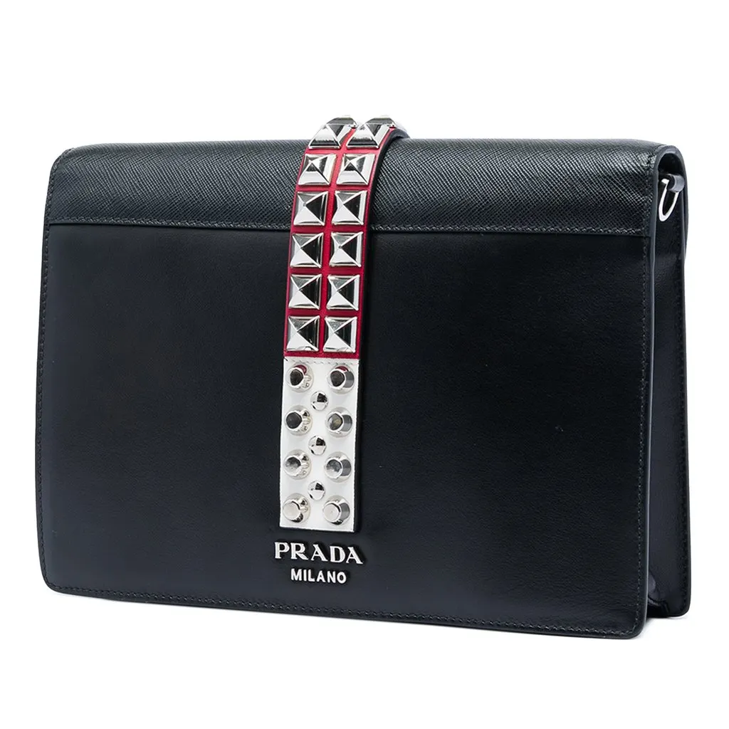Prada City Calf and Saffiano Studded Elektra Crossbody Black Leather Very good - Back View