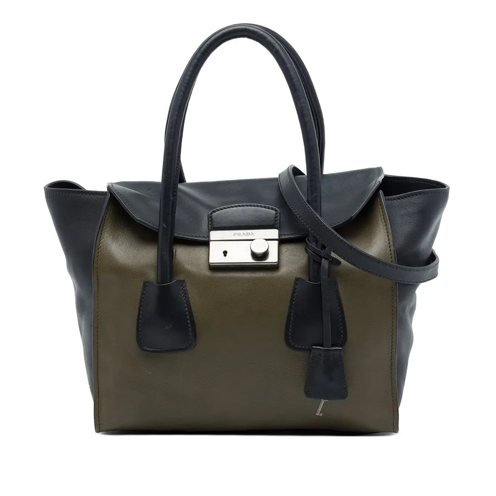 Prada Bicolor Glace Calf Sound Lock Satchel Brown Leather Good - Front View