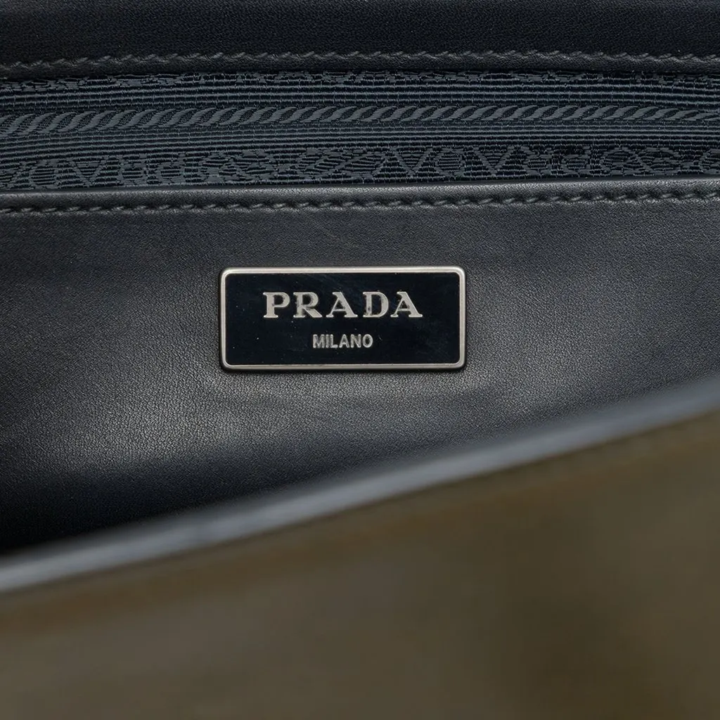 Prada Bicolor Glace Calf Sound Lock Satchel Brown Leather Good - Box View