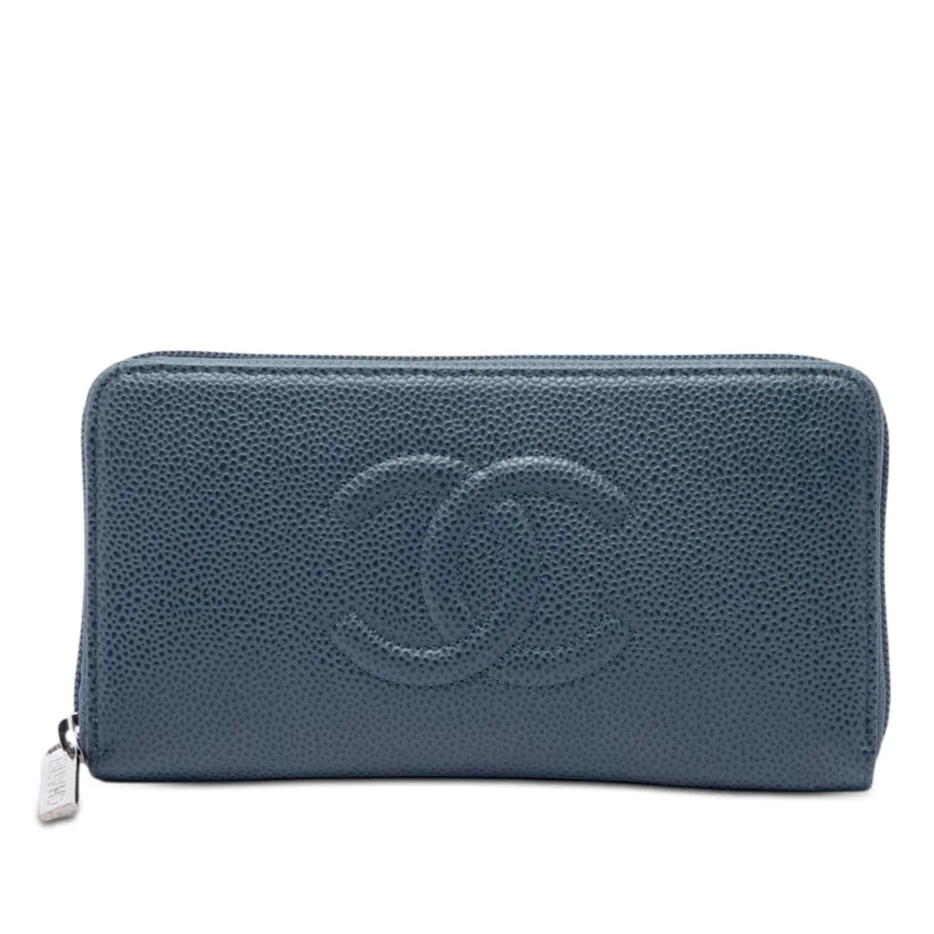 Chanel CC Caviar Zip Around Long Wallet Blue Leather Very good - Front View