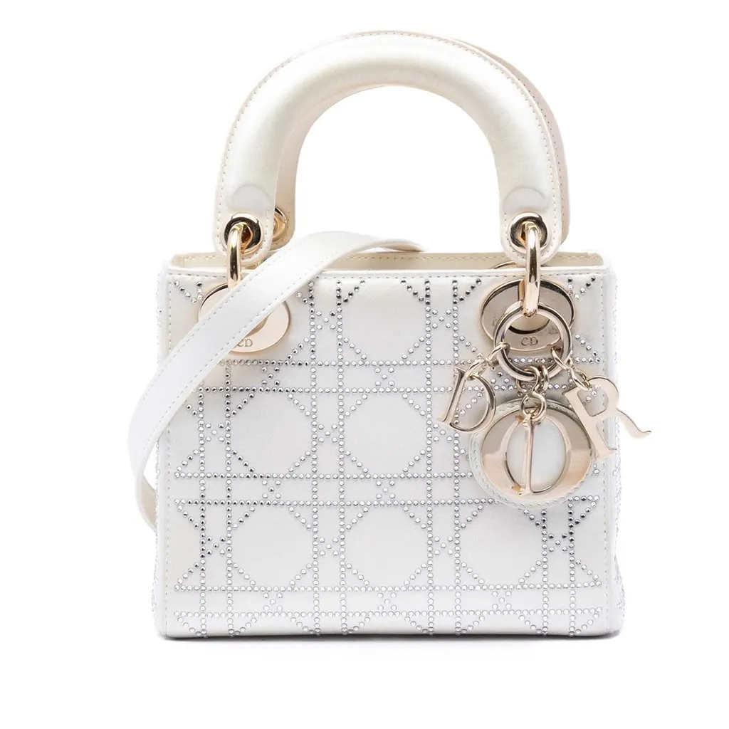 Dior Mini Satin Cannage Crystal Embellished Lady Dior White Very good - Front View