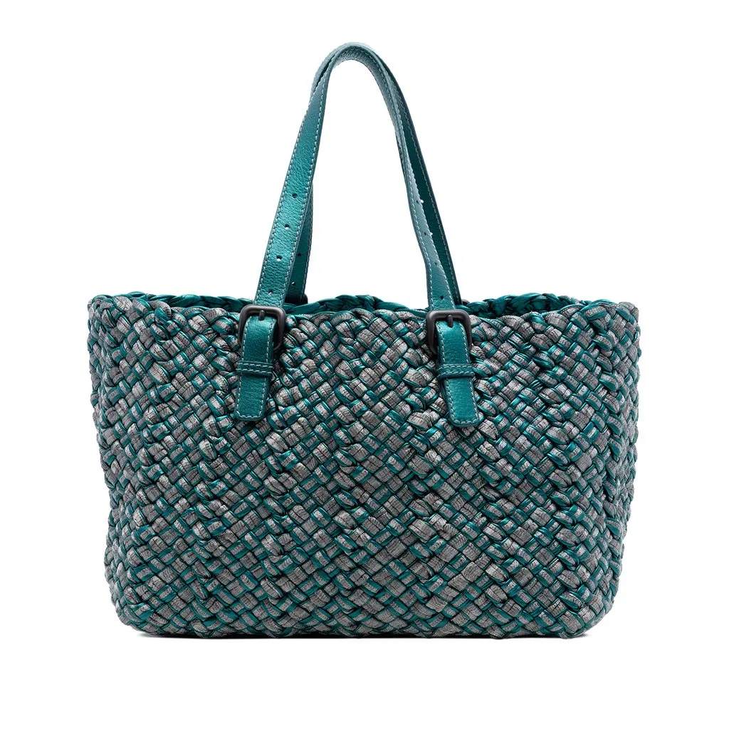 Bottega Veneta Medium Metallic Nappa Intrecciato Cesta Tote Blue Leather Very good - Front View
