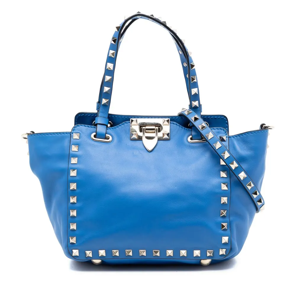 Valentino Mini Leather Rockstud Trapeze Satchel Blue Leather Very good - Front View