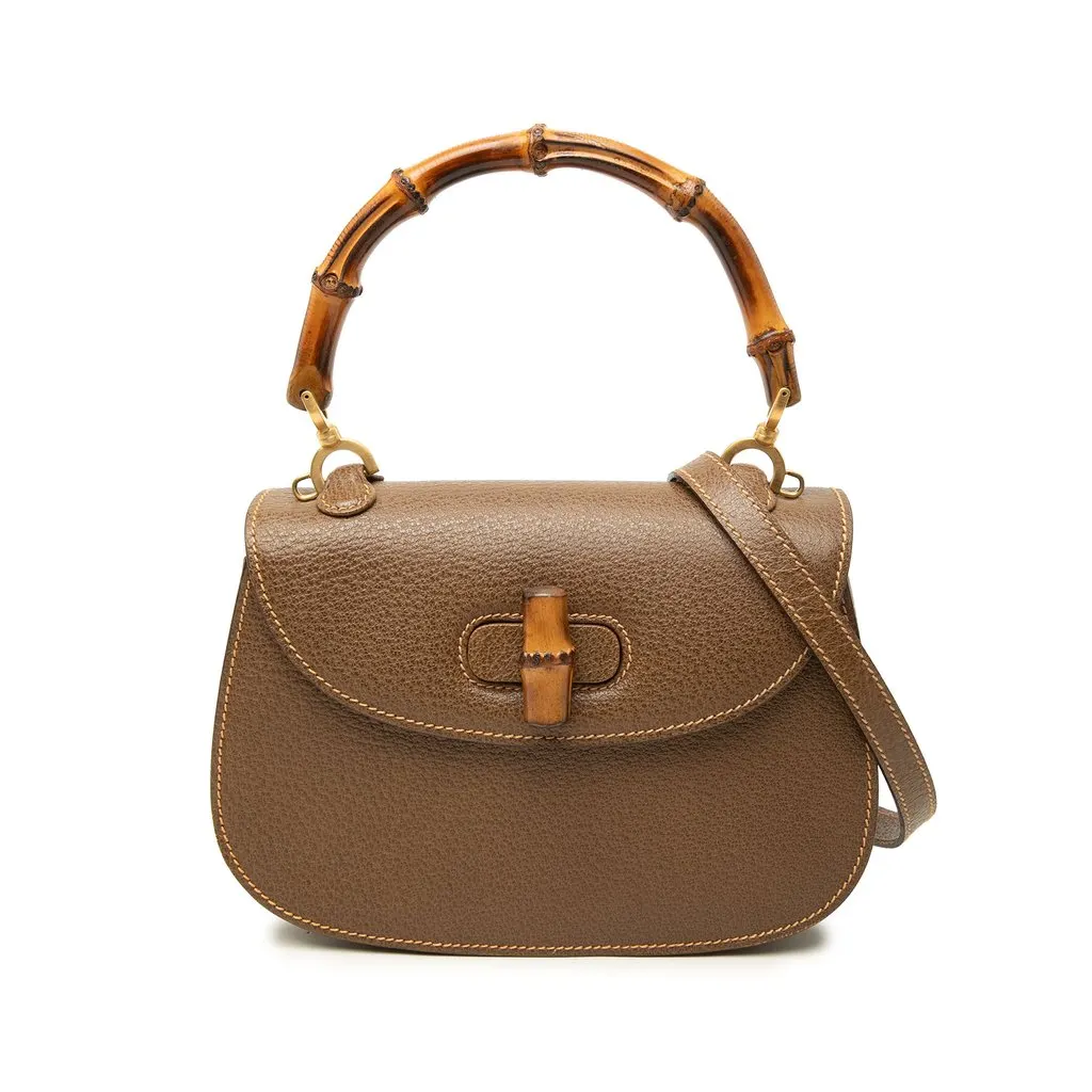 Gucci Small Grained Calfskin Bamboo Night Brown Leather Good - Front View