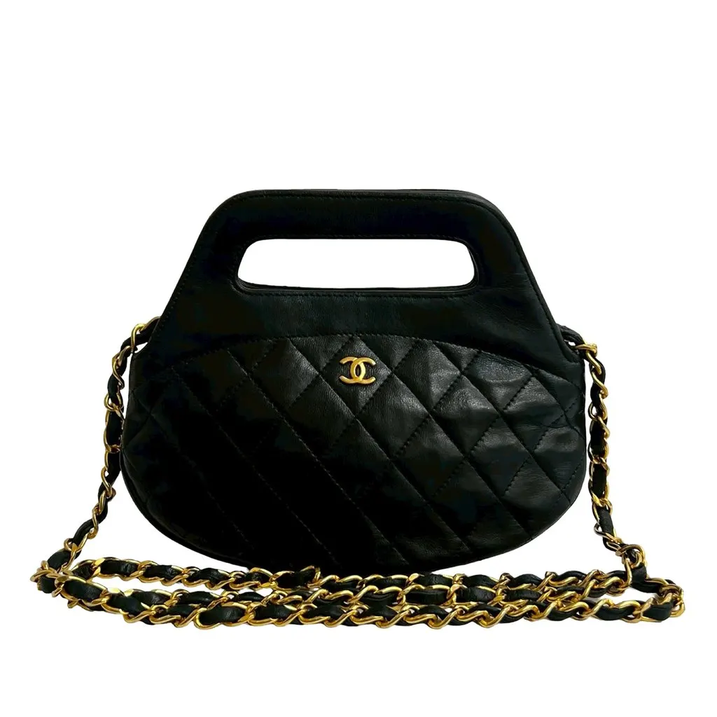 Chanel CC Quilted Lambskin Top Handle Round Frame Bag Black Leather Good - Front View