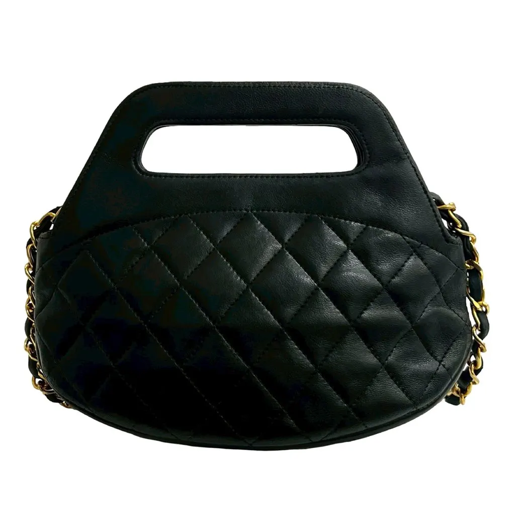 Chanel CC Quilted Lambskin Top Handle Round Frame Bag Black Leather Good - Back View