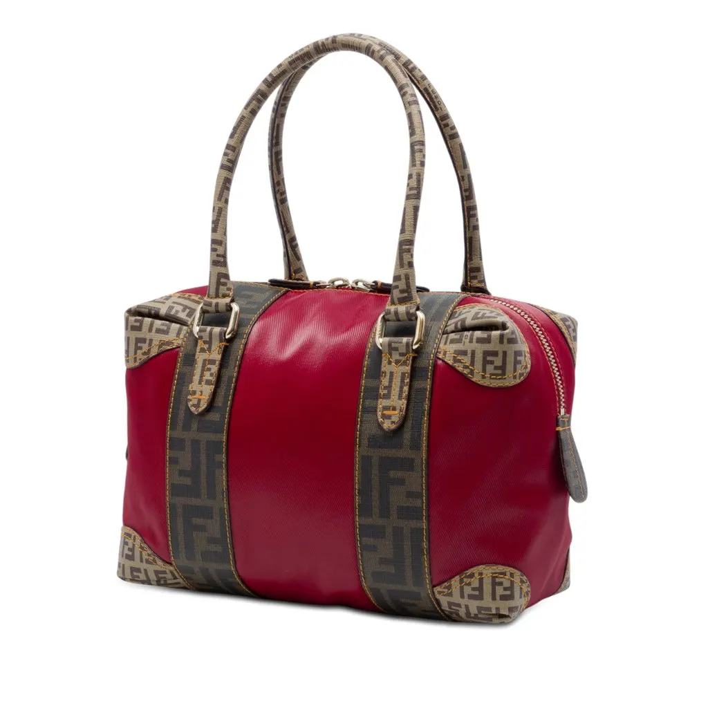 Fendi Zucca Trimmed Coated Canvas Mixed Media Boston Bag Red Good - Back View
