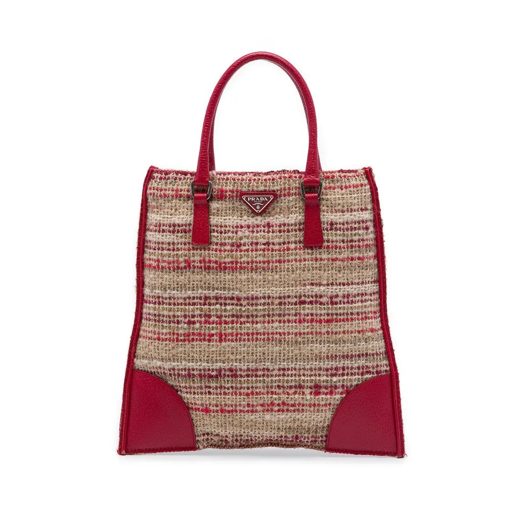 Prada Vitello Trimmed Tweed Flat Tote Red Tweed Good - Front View