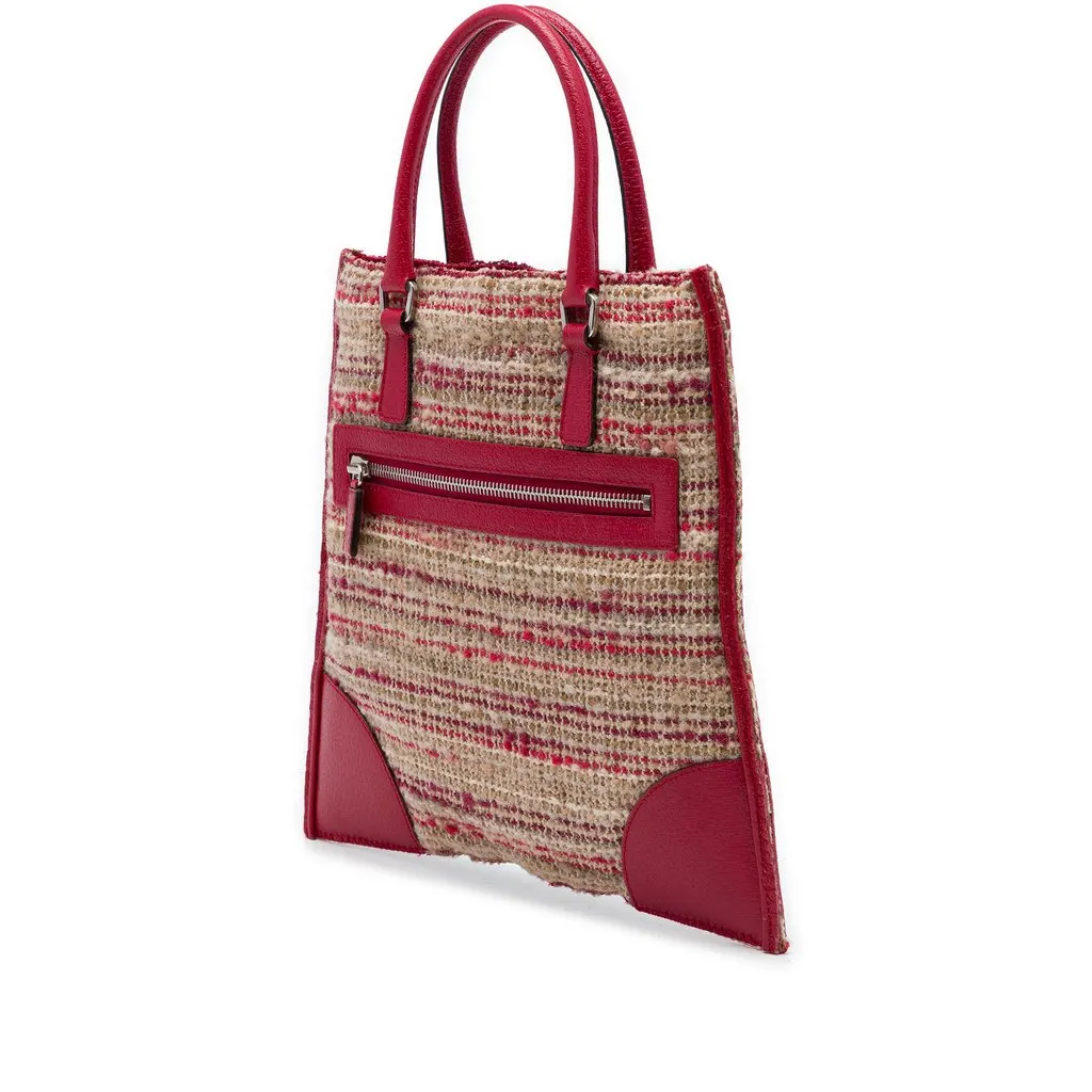Prada Vitello Trimmed Tweed Flat Tote Red Tweed Good - Back View