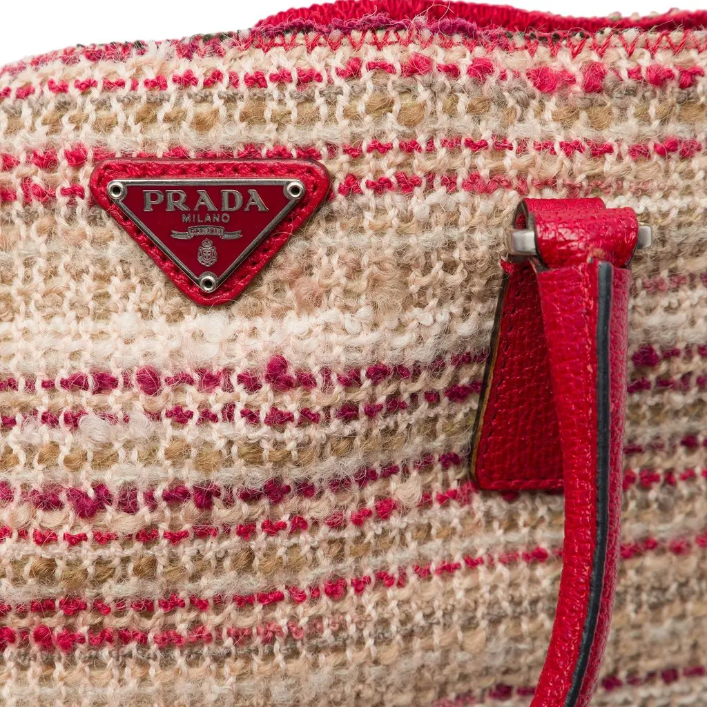 Prada Vitello Trimmed Tweed Flat Tote Red Tweed Good - Box View