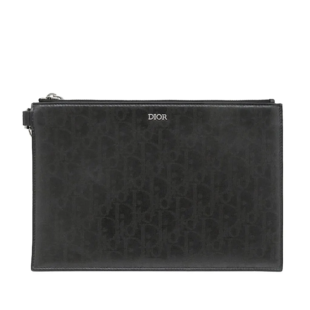 Dior Oblique Perforated Calfskin Galaxy Wristlet Clutch Black Leather Very good - Front View
