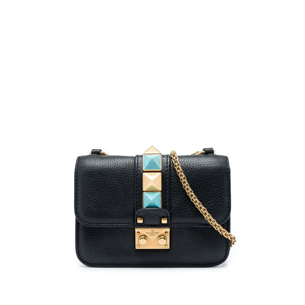 Valentino Mini Leather Rockstud Rolling Glam Lock Crossbody Black Leather Very good - Front View
