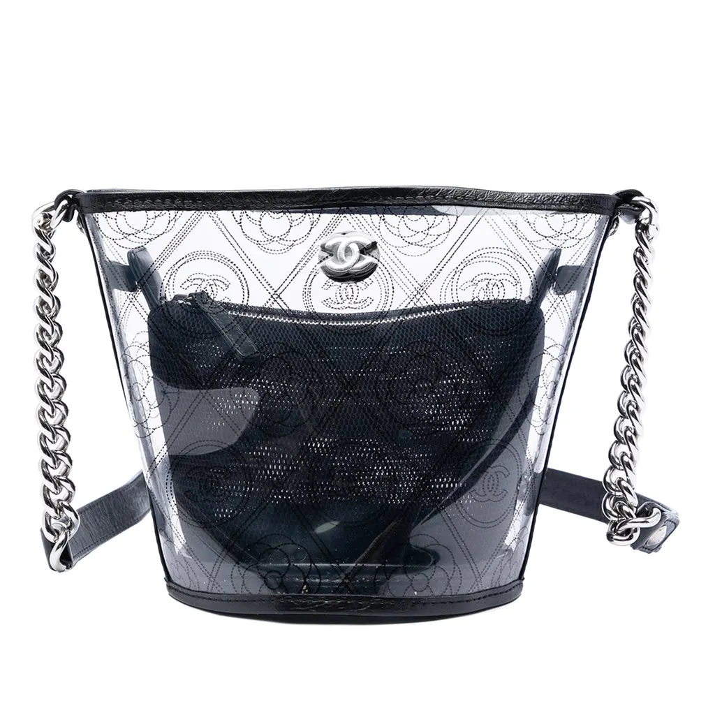 Chanel Small PVC and Crumpled Calfskin Camellia Coco Bucket Bag Black Plastic Very good - Front View