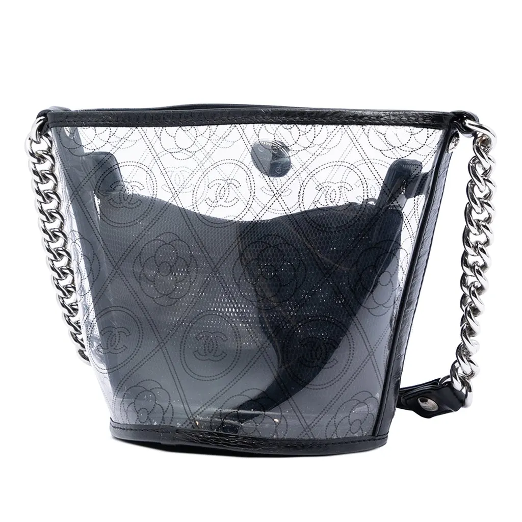 Chanel Small PVC and Crumpled Calfskin Camellia Coco Bucket Bag Black Plastic Very good - Back View