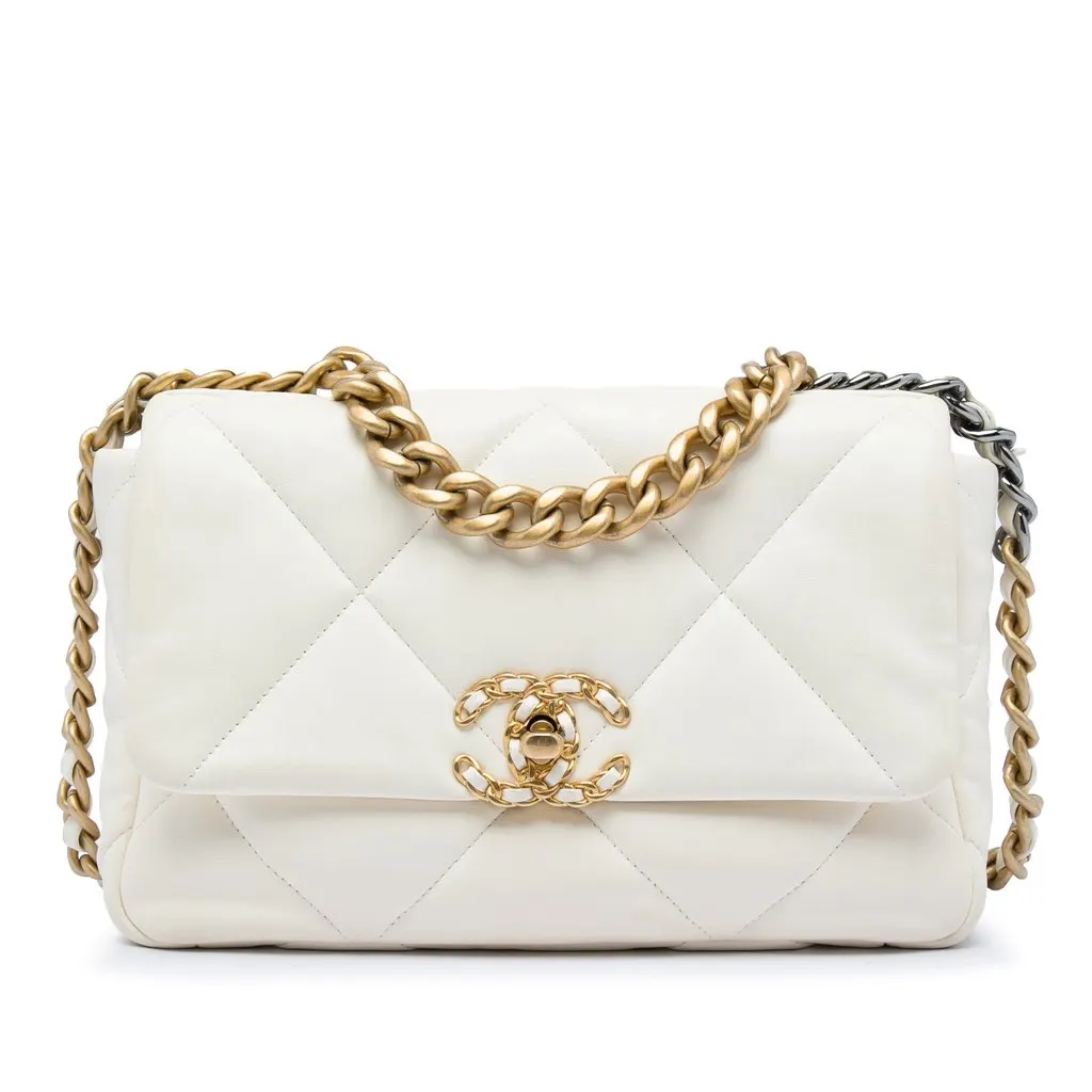 Chanel Medium Lambskin 19 Flap White Leather Very good - Front View