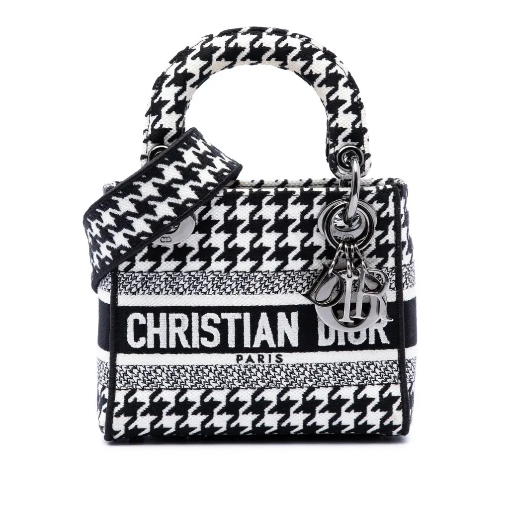 Dior Mini Embroidered Canvas Houndstooth Lady D Lite White Very good - Front View