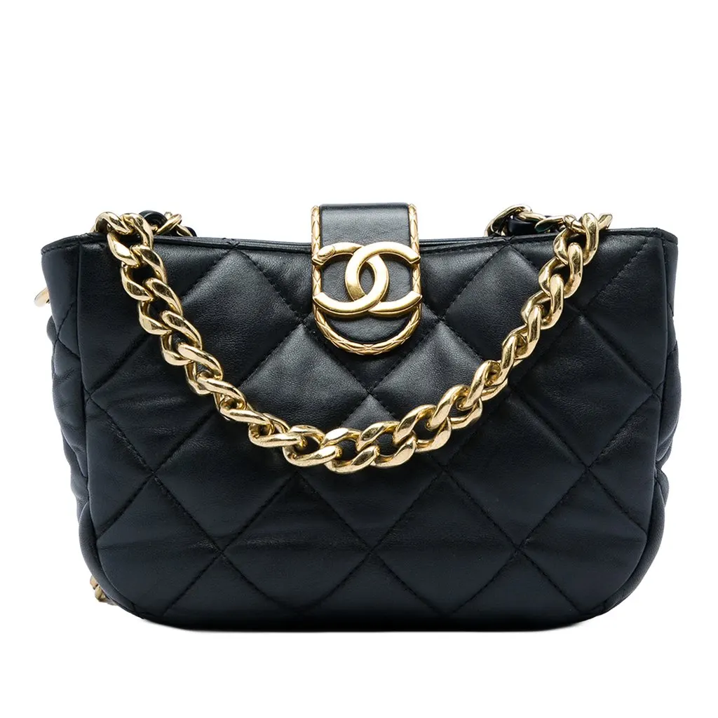 Chanel CC Quilted Lambskin Chain Hobo Bag Black Leather Very good - Front View